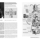 Links: "BMW. THE BEGINNING IN 1923. BMW. DER BEGINN IM JAHR 1923." Text über BMW-Geschichte. Rechts: Illustration eines Motors mit Beschriftungen.