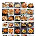 Ein Raster mit 30 Fotos von verschiedenen Gerichten, darunter Pasta, Curry und Aufläufe auf verschiedenen Tellern.