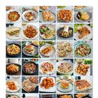 Oben: "140 Rezepte" in verschiedenen Schriftarten. Darunter eine Collage von Essensgerichten in Quadraten.