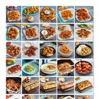 Verschiedene Bilder von Gerichten, darunter Pommes, Nuggets, Sandwiches, Pizza und Reisgerichte, auf blauem Holztisch.