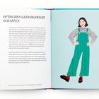 "OPTISCHES GLEICHGEWICHT SCHAFFEN." Daneben eine Frau in grüner Latzhose und gepunkteter Bluse.