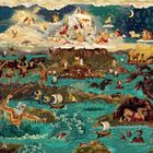 Illustration: Griechische Mythologie, zeigt Götter auf Wolken, Meereswesen, Boote, Helden und eine vielköpfige Hydra im Wasser.