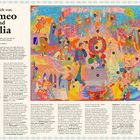 Texte: "Die Welt von Romeo und Julia," Zitat von Ali Smith, Erklärungen zur Handlung, Charaktere, historische Adaptionen.  
Illustration: Bunte, detailreiche Szene mit Personen in mittelalterlicher Kleidung, Gebäude und mythologische Figuren.