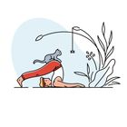 Ein Mensch in Yoga-Pose, Beine über den Kopf, mit Katze auf dem Rücken. Pflanze und hängendes Spielzeug im Hintergrund.