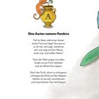 "Eine Auster namens Pandora. Illustration: Ein Fuchs auf gelber Vase mit 'A' und Blume, rechts unten grüne Feder."