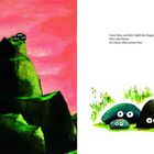 Text: "Ganz oben, auf dem Gipfel des Berges, leben drei Steine. Sie waren schon immer hier." Illustration: Drei Steine mit Augen.