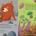 Links murmelt der kleine Bär mürrisch; rechts sitzt ein Eichhörnchen in einem Nest und spricht mit dem Bären am Boden.