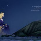 Texte: "Die schönste Jungfrau sitzt dort oben wunderbar; ihr goldenes Geschmeide blitzt, sie kämmt ihr goldenes Haar."

Illustration: Eine blonde Frau in einem langen, blauen Kleid sitzt erhaben vor einem dunklen Berg, umgeben von Sternen.