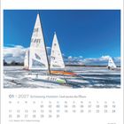 01 | 2027 Schleswig-Holstein; Kalender, Eissegler auf einem gefrorenen See unter blauem Himmel; EILAND-Logo unten rechts.