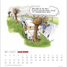 Illustration eines Autos, das gegen einen Baum gefahren ist. Die Sprechblase sagt: "Hallo, hier ist die Mutti! Ich wollte nur mal hören, ob ihr gut reingerutscht seid!" Darunter ist ein Kalender für Januar 2027.