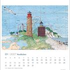 01 | 2027 Nordlichter. Illustration von Leuchttürmen auf einer Seekarte mit Küstenlinie und fliegender Möwe.