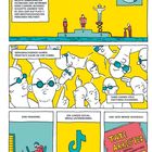 Illustration mit Personen auf einem Podium, viele Menschen mit Sonnenbrillen, TikTok-Logo, Laptop und eine rote Zeitung.