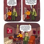 Zwei Personen laufen in einer engen Gasse. Innenraum mit "Brigate Rosse"-Flagge, unordentliches Zimmer voller Möbel.