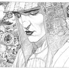 Diese detaillierte Illustration zeigt zwei Personen in phantasievoller Kleidung mit futuristischem Hintergrund.