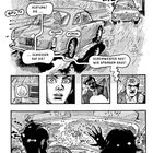„BRATRRRATAKTAK“, „Scheinwerfer aus!“, Autos in Verfolgungsjagd, figurenreiche Schwarz-Weiß-Illustration.