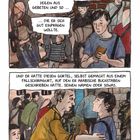 Oben: Text über Abdullahs Notizen in einem Heft. Unten: Ein Dialog über einen selbstgemachten Gürtel. Comic-Stil.