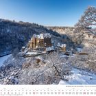 Kalenderblatt Januar 2027, zeigt eine verschneite Burg umgeben von Wald. "Burg Eltz bei Wierschem".