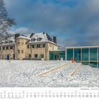 Text: "1 2027", "Siebengebirge - Drachenfelsplateau". Winterliche Szene mit historischer Villa und modernem Anbau im Schnee.