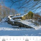 Burgruine Rosenau im Siebengebirge. Dezember, Januar Kalender, Winterlandschaft, Schnee, Bäume, Ruinen.