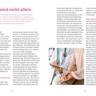 "Sie sind nicht allein", über fortschrittliche Brustkrebsdiagnostik. Text beschreibt Behandlung und Unterstützung. Rechts: Bild einer Frau bei einer Untersuchung.