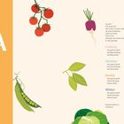 "Inhalt" und Kapitelüberschriften mit Seitenzahlen. Illustration von Gemüse: Tomaten, Rübe, Erbsen, Pilze, Blätter.