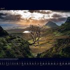 04 April. Ein einsamer Baum in einer weiten, hügeligen Landschaft. Dramatischer Himmel mit Sonnenstrahlen und Wolken.