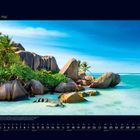 05. Mai. Wildromantische Seychellen mit Granitfelsen, Palmen und türkisfarbenem Meer. Kalenderansicht darunter.