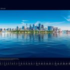 01 Januar. Kalender mit Foto einer Stadtlandschaft am Wasser, Wolkenkratzer und Opernhaus im Hintergrund.
