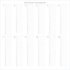 "Birthday calendar | Geburtstagskalender". Ein Kalender zeigt Monate 1 bis 12 mit nummerierten Zeilen für jeden Tag.