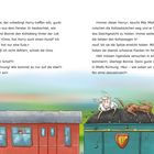 Links ist ein roter Zug mit einem Jungen am Fenster. Rechts ein Kohlewaggon mit einem Schaf und Hund auf der Kohle.