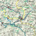 Karte mit Orten: Livigno, Val Müstair, Bormio. Berge und Wasserstraßen sind markiert. Nationalparks und Radwege sind hervorgehoben.