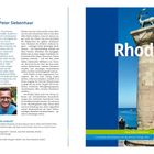 Text: "Hans-Peter Siebenhaar", "Rhodos", "9. komplett überarbeitete und aktualisierte Auflage 2026", "Was haben Sie entdeckt?" Links Fließtext, rechts ein Bild mit einer Säule und einer Hirschskulptur.