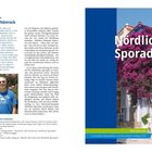 Links ein Text über Dirk Schönrock, darunter ein Foto von ihm. Rechts ist ein Buchcover mit Bougainvillea und der Titel "Nördliche Sporaden".