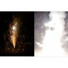 Links: Funken sprühen in die Dunkelheit. Rechts: Helles Feuerwerk mit viel Rauch.