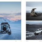 Texte: "LAND", "CHAPTER 01", "ADVENTURE & TRAVEL".  
Weiße Geländewagen in verschneiter und rauer Landschaft.