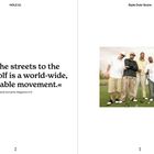 "From the streets to the course. Golf is a world-wide, unstoppable movement.« Links ein Zitat, rechts posieren fünf Personen auf einem Golfplatz.