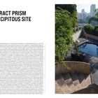 "AN ABSTRACT PRISM ON A PRECIPITOUS SITE"  
Treppen führen zu einem kleinen, modernen Pool, umgeben von Pflanzen und Hochhäusern im Hintergrund.