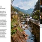 Links: Text über historische Pilgerrouten und Thermalquellen in Wakayama. Mitte: Fluss und Brücke in einer japanischen Dorflandschaft. Rechts: Traditionelles Gebäude mit japanischen Zeichen.