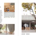 Artisan bakery in Bogotá. Innenansicht mit Brotregalen und Arbeiter. Außenschuss zeigt Terrasse mit Bäumen und Sitzbereich.