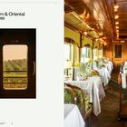 Logo: Eastern & Oriental Express. Links: Zugfenster mit Landschaft. Rechts: Elegantes Zugrestaurant mit gedeckten Tischen.