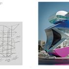"The Joy of Design." Links Skizze mit Beschriftungen „Stairs“ und „Structure“. Rechts modernes Gebäude mit bunten Formen.