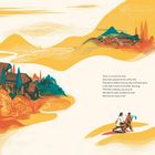 Eine malerische Landschaft mit Hügeln und Flüssen, kleine Dörfer, zwei Personen in traditioneller Kleidung.