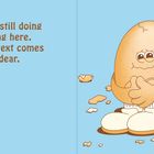 Brauner Text: "The egg is still doing something here. The actual text comes later, dear." Illustration: Ein Ei mit Gesicht sitzt traurig.