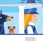 Texte: "Ready for the heaviest tug, Since May, is little Sergeant Pug Starting out as a small cop, Now he makes the villains stop." Illustration einer Frau mit zwei Hunden im Auto.