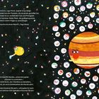 Text über Mond und Jupiter: Mond beeindruckt von Jupiters Größe. Illustration von Jupiter mit vielen fröhlichen Monden.