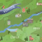 Text: "WUPPERTAL," "WUPPER," "WUPPER," "ELBERFELD," "BARMEN." Illustration mit Fluss, Gebäuden und einem Vogel.