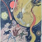 Text: "STREIK", "HOCH SPRUNG", "STEUER HERABSETZUNG". Illustration: Chaotische Szene im Weltall mit fliegenden Menschen.