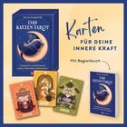 "Karten für deine innere Kraft. Mit Begleitbuch. Drei illustrierte Tarotkarten mit Katzenhelden in verschiedenen Rollen."