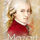 "Amadeus Wolfgang Mozart". Illustration eines Mannes in rotem Gewand, klassischer Stil mit Perücke. Kalenderansicht unten.