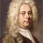 Text: "Georg Friedrich Händel, 1685 - 1759" und "1". Ölgemälde-Porträt eines Mannes mit weißer Perücke.